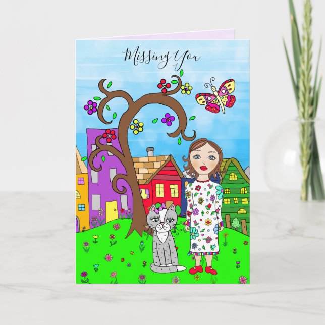 Missing You, Whimsical Lady and Cat Friendship Card (Front)