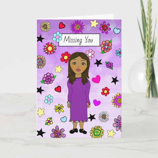 Missing You Whimsical Lady with Flowers Card (Front)