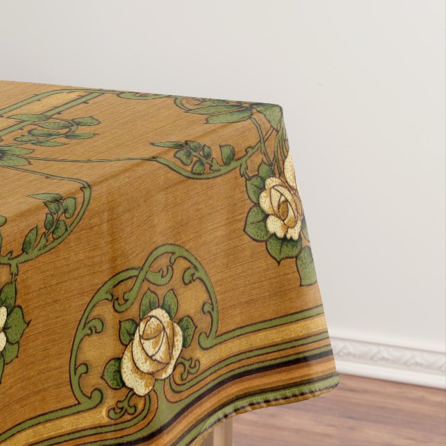 Mission or Art Nouveau Style Rose Bouquets Frieze Tablecloth (In Situ)