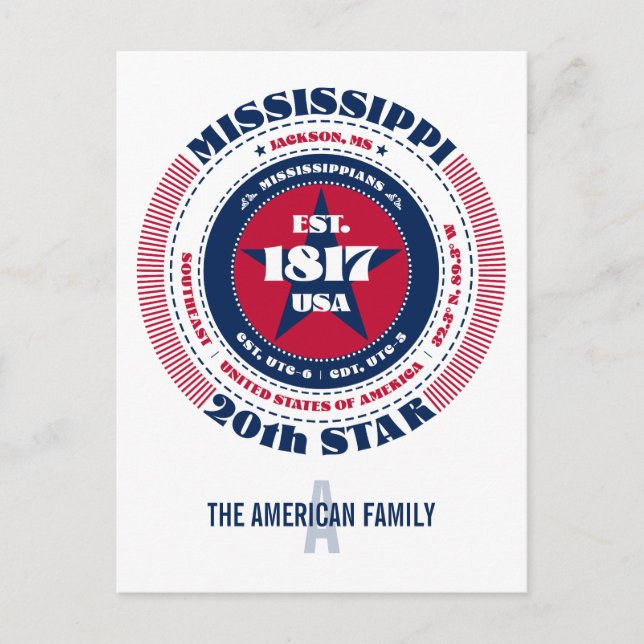Mississippi, Jackson, MS, Patriotic, Monogram Postcard (Front)