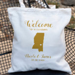 Mississippi Map Wedding Welcome Bag, Gold Tote Bag<br><div class="desc">Wedding weekend welcome gift bag for out of town guests to your wedding,  featuring image of Mississippi,  with heart you may place at the precise location. Fill tote with your favourite goodies.</div>