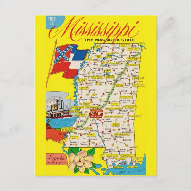 Mississippi State Vintage Map Poscard Postcard (Front)