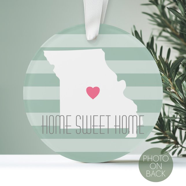 Missouri Map Home State Love with Custom Heart Ornament (Personalized Photo Ornament with a State Design on the Front and Photo on the Back)