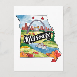 Missouri USA State Shaped Vintage Watercolor  Postcard