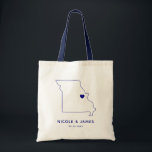 Missouri Wedding Welcome Bag Map Tote, Navy Blue<br><div class="desc">Wedding welcome gift bag featuring map graphic. Your guests will love checking into their hotel and finding this tote filled with treats awaiting them. You may position the heart to the location of your big day using the "customise further" feature.</div>