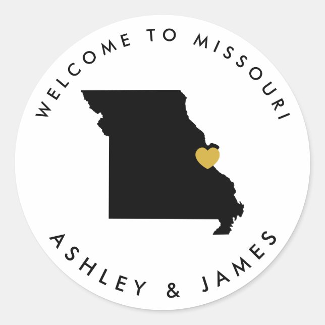 Missouri Wedding Welcome Sticker Tag, Black & Gold (Front)