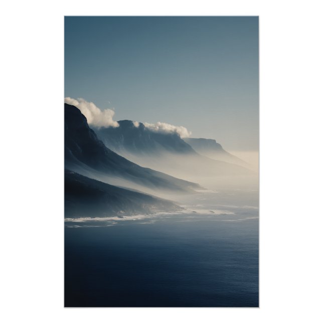 Mist-Covered Coastal Mountains Sunrise Glow Poster (Front)