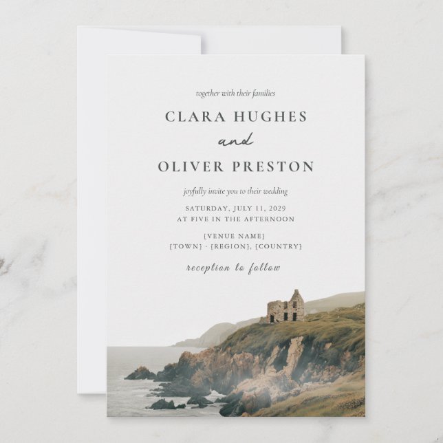 Mist Grey Olive Script Irish Coast Cliff Wedding  Invitation (Front)