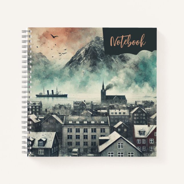  Mistbound Heights – Watercolor Mountain Cityscape Notebook (Front)