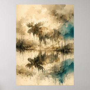 Misted Moose Reflection – Watercolor Art Poster