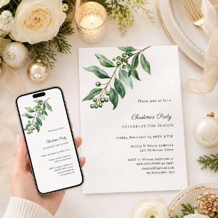 Misteltoe greenery ivory Christmas Party Invitation