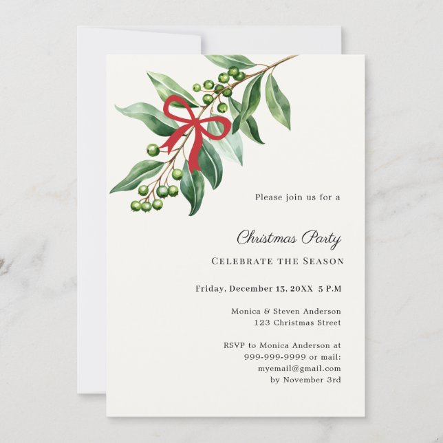 Misteltoe greenery red bow ivory Christmas Party Invitation (Front)