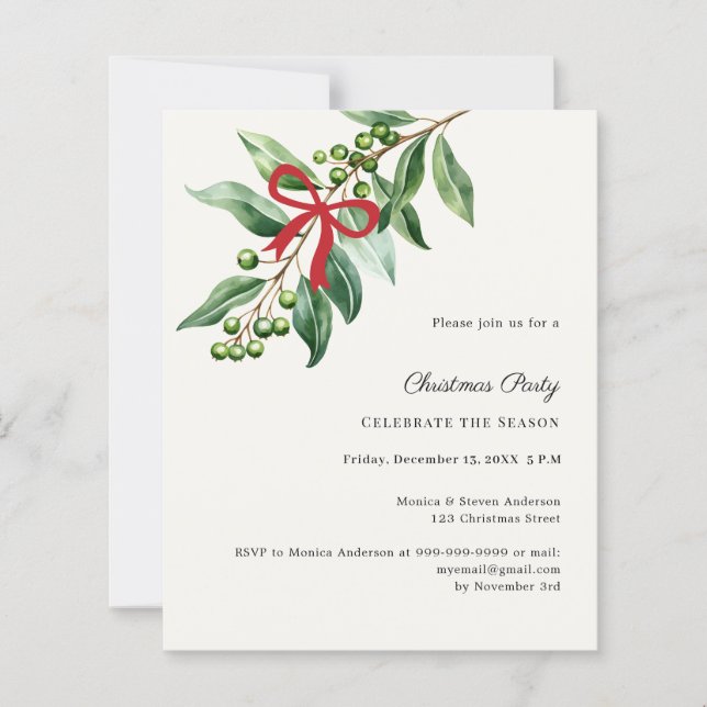 Misteltoe red bow ivory Christmas Party invitation (Front)