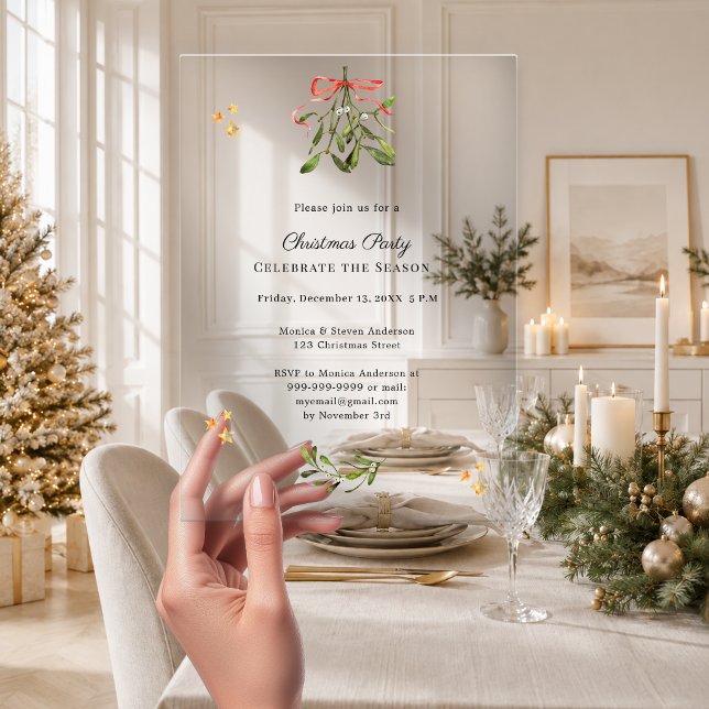 Misteltoe red bow luxury Christmas Party Acrylic Invitations (Creator Uploaded)