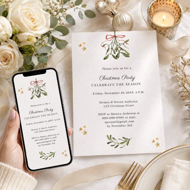 Misteltoe red bow minimalist Christmas Party Invitation (Creator Uploaded)