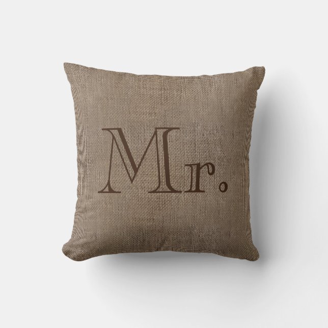 Mister Mr. Burlap-Look Rustic Wedding Keepsake His Cushion (Front)