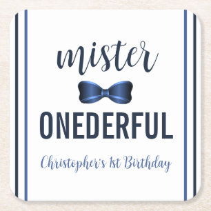 Mister Onederful Bow Tie 1st Birthday Square Paper Coaster