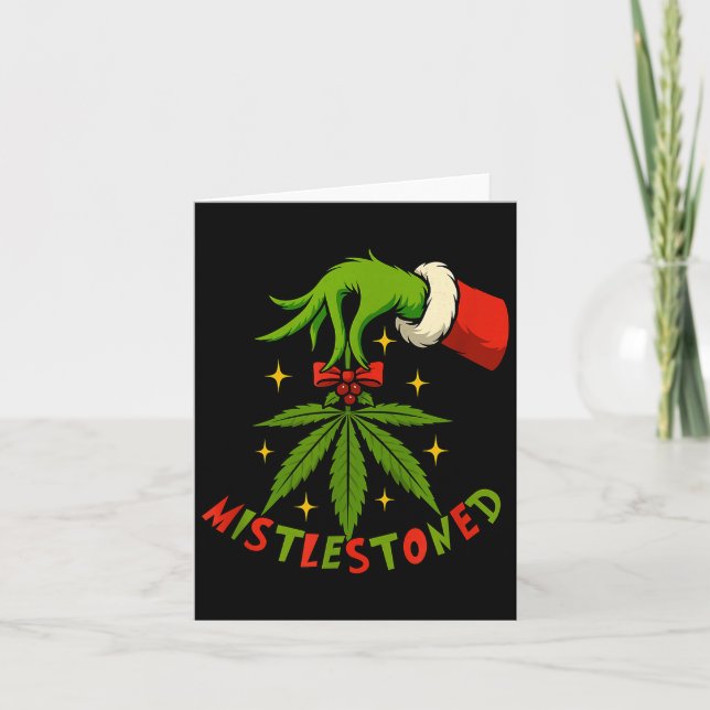 Mistlestoned Weed Leaf Funny Stoner Christmas  Card (Front)