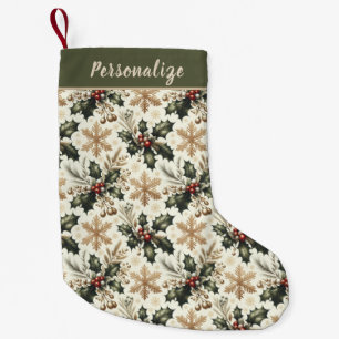 Mistletoe and Gold Snowflakes Pattern Personalized Small Christmas Stocking