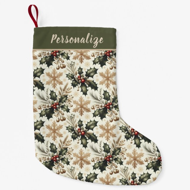 Mistletoe and Gold Snowflakes Pattern Personalized Small Christmas Stocking (Front)