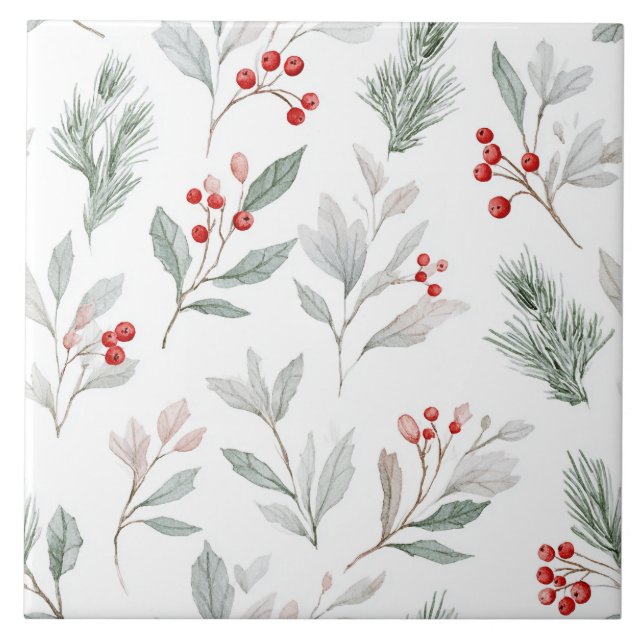 Mistletoe and Holly Berries Pattern Tile (Front)