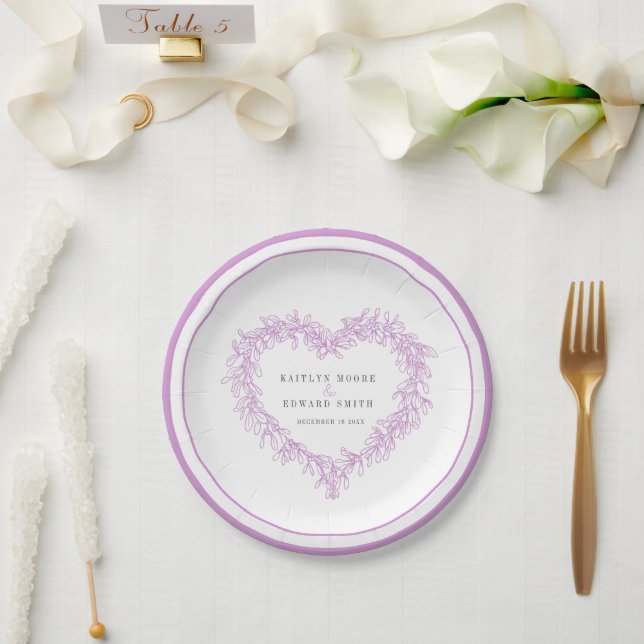 Mistletoe art purple grey white winter wedding paper plate (Wedding)