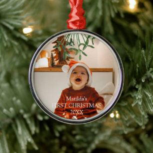 Mistletoe Baby's First Christmas Botanical Photo Metal Tree Decoration