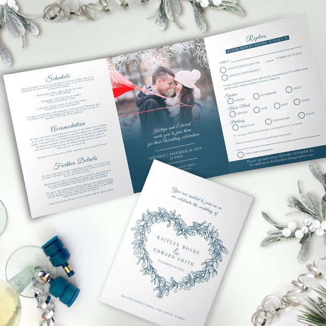 Mistletoe blue white wedding meal option RSVP Tri-Fold Invitation (Creator Uploaded)