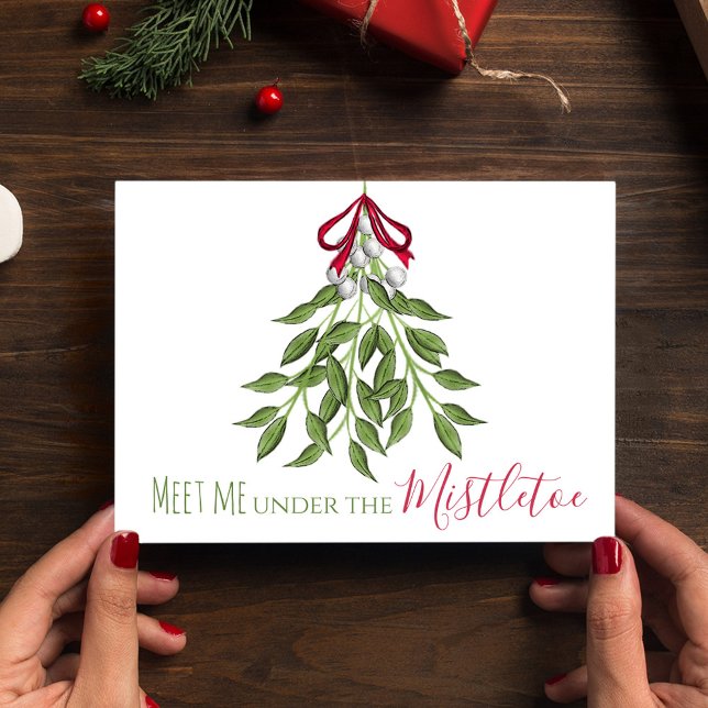Mistletoe Botanical Cute Elegant Simple Christmas Holiday Card (Christmas cute Meet me under the Mistletoe holiday folding card. )