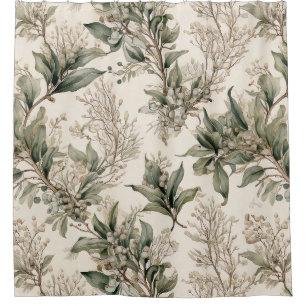 Mistletoe Botanical - Green Leaves, Branches Shower Curtain