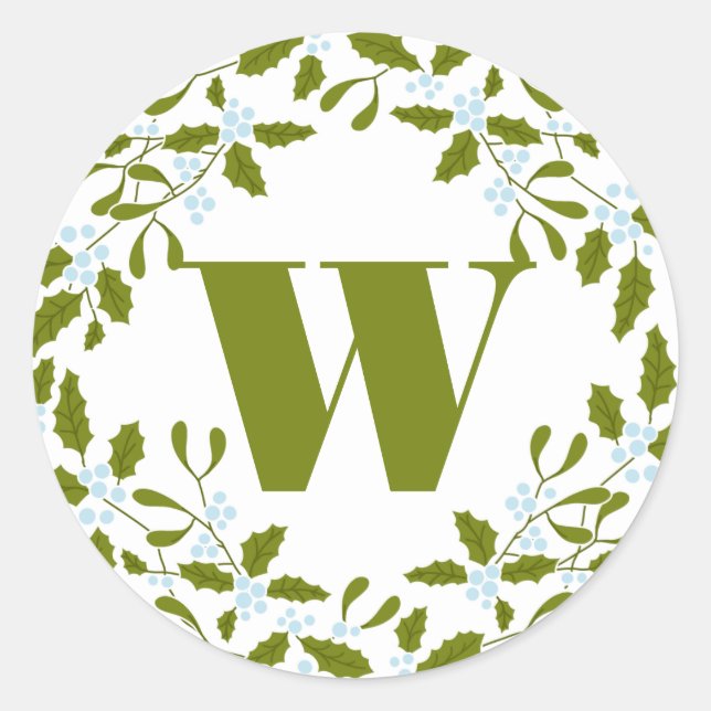 Mistletoe Bough Wreath Monogram Gift Sticker (Front)