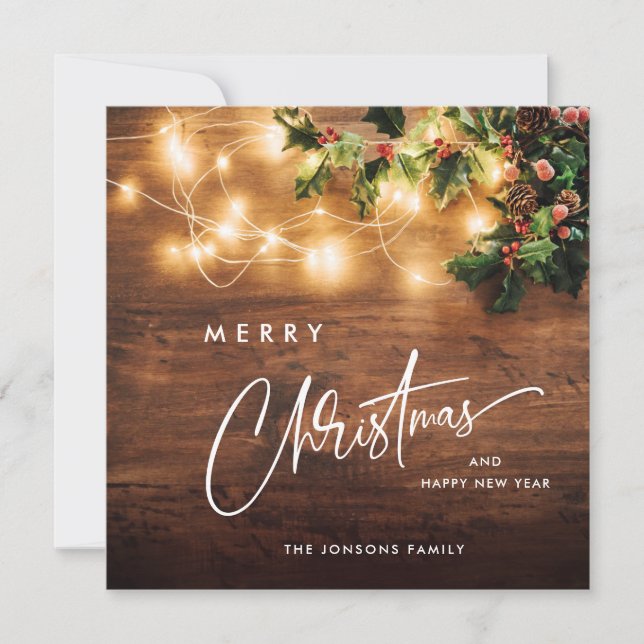 Mistletoe Branch Rustic Christmas Greeting Wood Holiday Card (Front)