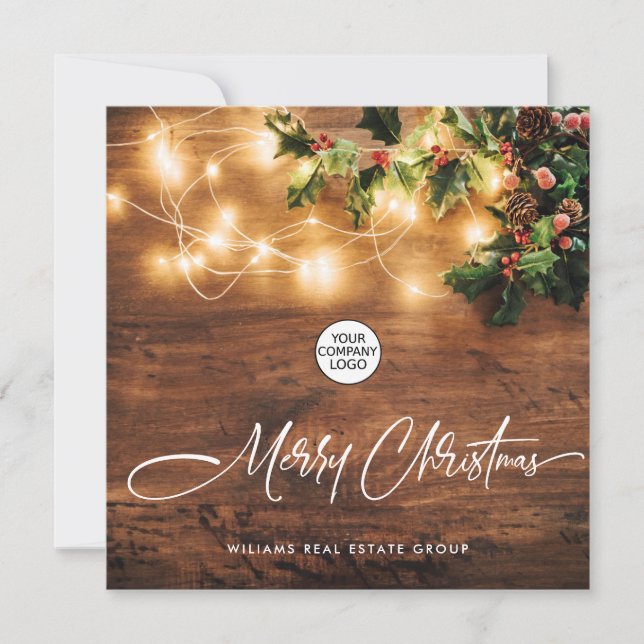 Mistletoe Branch Rustic Corporate Christmas Wood Holiday Card (Front)