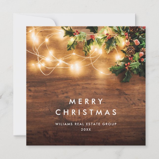Mistletoe Branch Rustic Corporate Christmas Wood Holiday Card (Front)