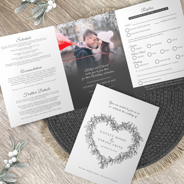Mistletoe charcoal white wedding meal option RSVP  Tri-Fold Invitation (Creator Uploaded)