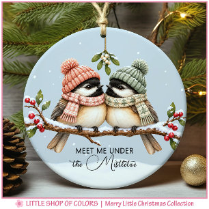 Mistletoe Chickadee Couple Personalised Photo Ceramic Tree Decoration
