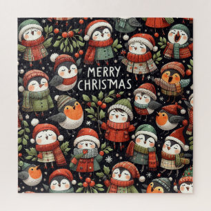 Mistletoe Christmas cute Penguin Carolers Jigsaw Puzzle