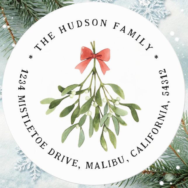  Mistletoe Christmas Holiday Return Address Classic Round Sticker (Creator Uploaded)