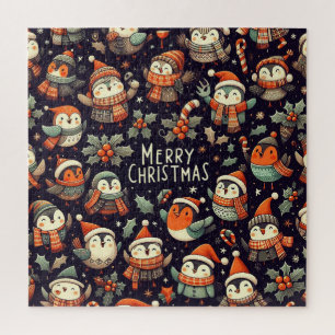 Mistletoe Christmas Penguin Carolers with trumpets Jigsaw Puzzle