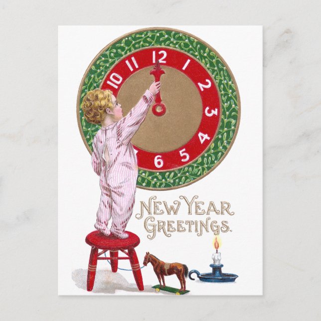 Mistletoe Clock & Toddler New Year Greetings Holiday Postcard (Front)