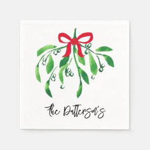 Mistletoe Couple Name Festive Red Green Kiss Napkin