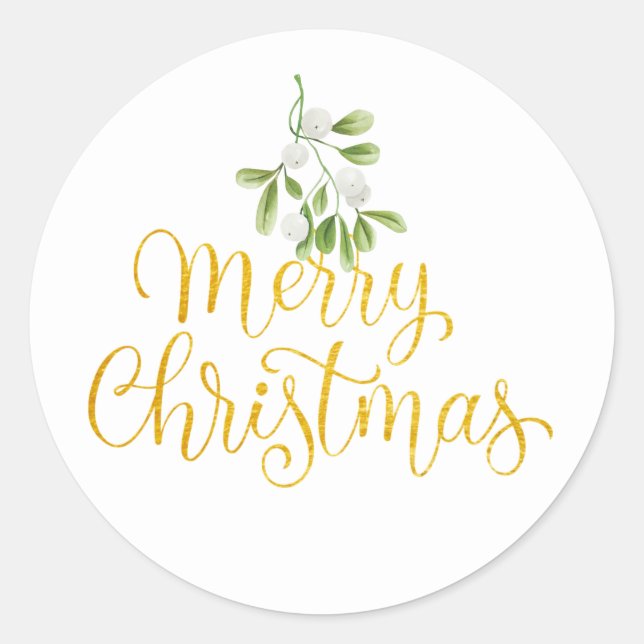 Mistletoe Elegant Gold Script Merry Christmas Classic Round Sticker (Front)