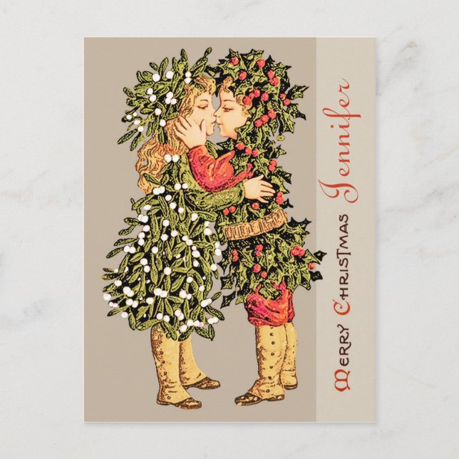 Mistletoe girl and holly boy kiss CC0781 Christmas Holiday Postcard (Front)