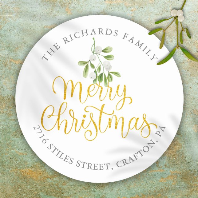 Mistletoe Gold Merry Christmas Return Address Classic Round Sticker (Mistletoe Gold Merry Christmas Return Address Classic Round Sticker)