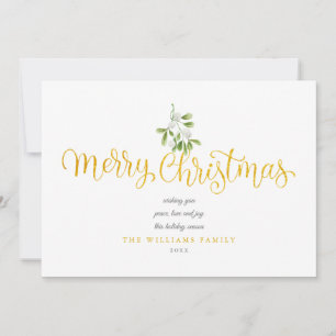 Mistletoe Gold Script Merry Christmas Photo Holiday Card