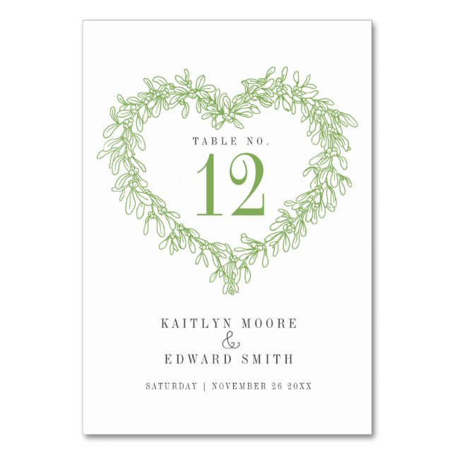 Mistletoe heart art green wedding event table number (Front)