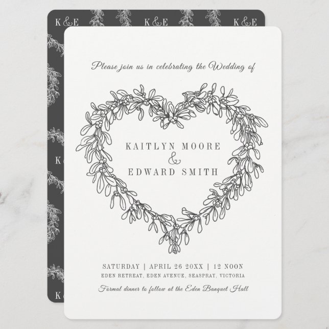 Mistletoe heart line art wedding dark grey white invitation (Front/Back)