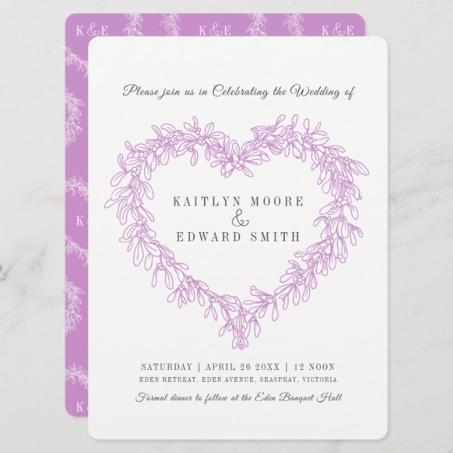 Mistletoe heart line art wedding purple white invitation (Front/Back)