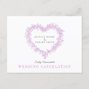 Mistletoe heart wreath purple wedding cancellation announcement postcard