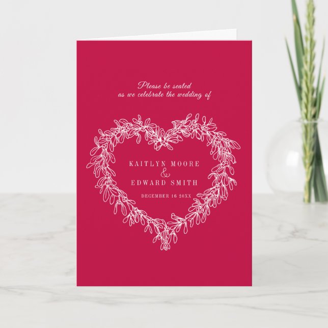 Mistletoe heart wreath red white wedding programme (Front)